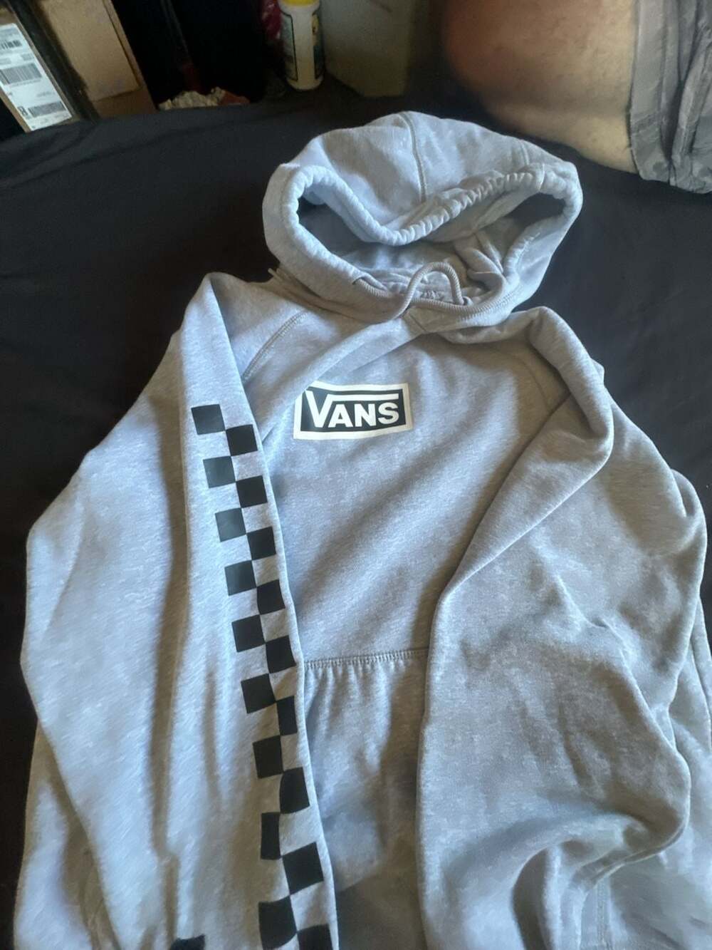 Vans Versa Standard Pullover Hoodie in Cement Heather with Checkerboard Sleeve